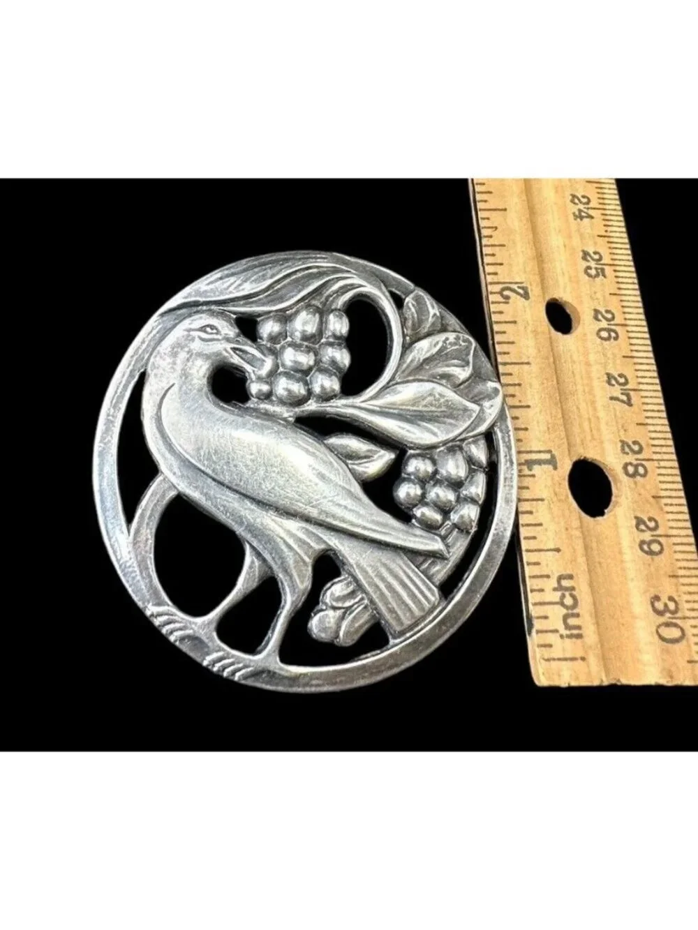 Mid Century Sterling Silver Bird Eating Berries Brooch Round Floral Vintage Pin